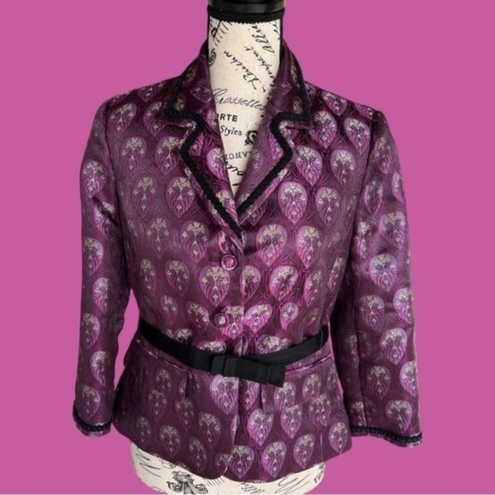 I. E. Purple Floral Jacket With Black Trim Size 8